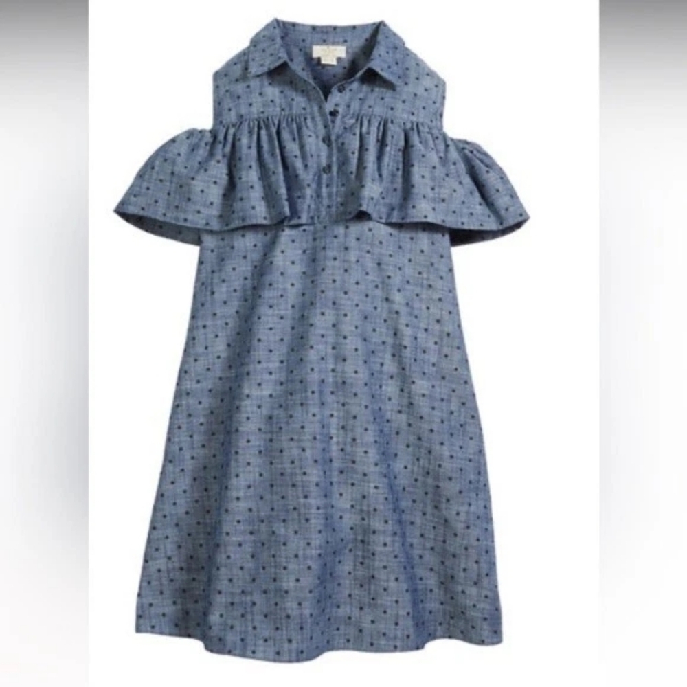 KATE SPADE NEW YORK COLD SHOULDER RUFFLE BLUE CHAMBRAY POLKA DOT DRESS Size 10